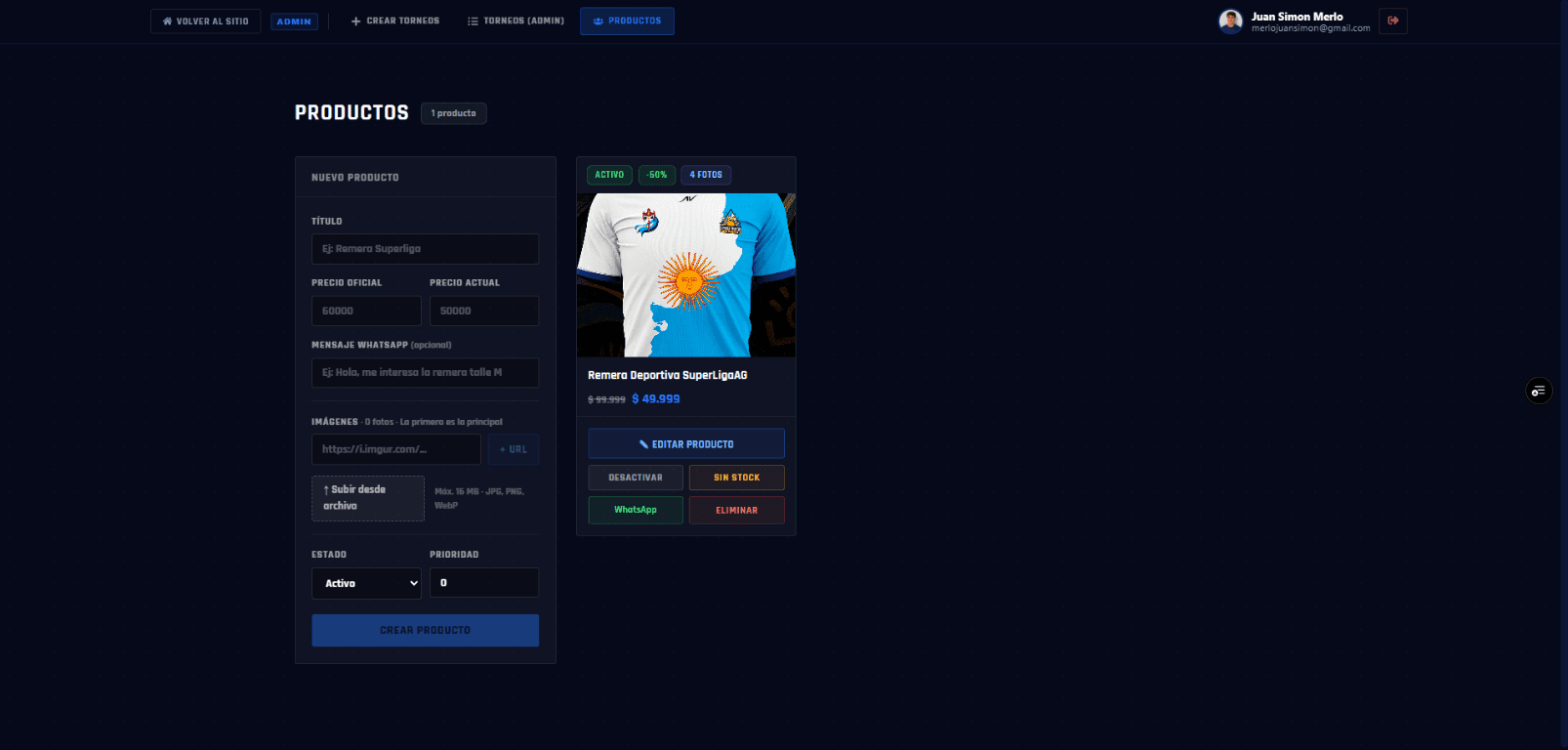 Módulo de productos del panel administrativo de Superliga Argentina Gaming